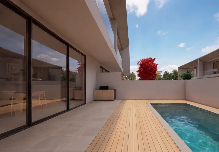 Terraço posterior com piscina e ligação à área social